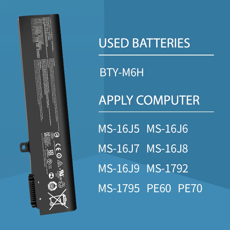 Somi-BTY-M6H Bateria Portátil Para Msi, Ge62, Ge72, Gp62, Gp62, Gp72, Gl62, Gp62vr, Pe60, Pe70, MS-16J2, MS-16J3, MS-1792, MS-17