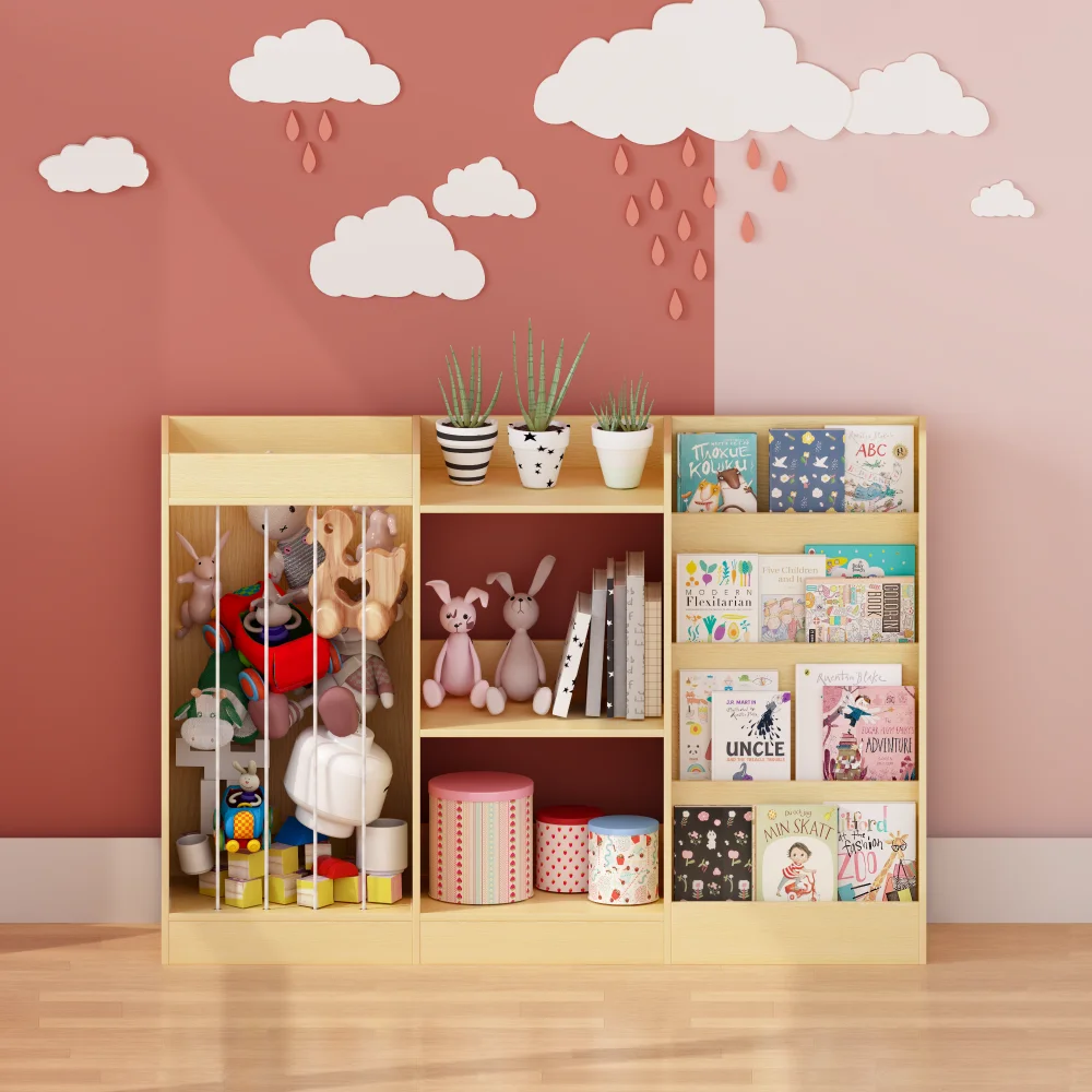Orraves 3-in-1 Kids Bookshelf and Toy Storage, 4-Tier Book Shelf for Kids Rooms, Sling Baby Bookcase with Stuffed Animal Storage, Toddler Montessori Bookshelf for Nursery, Playroom, Kindergarten, Natural