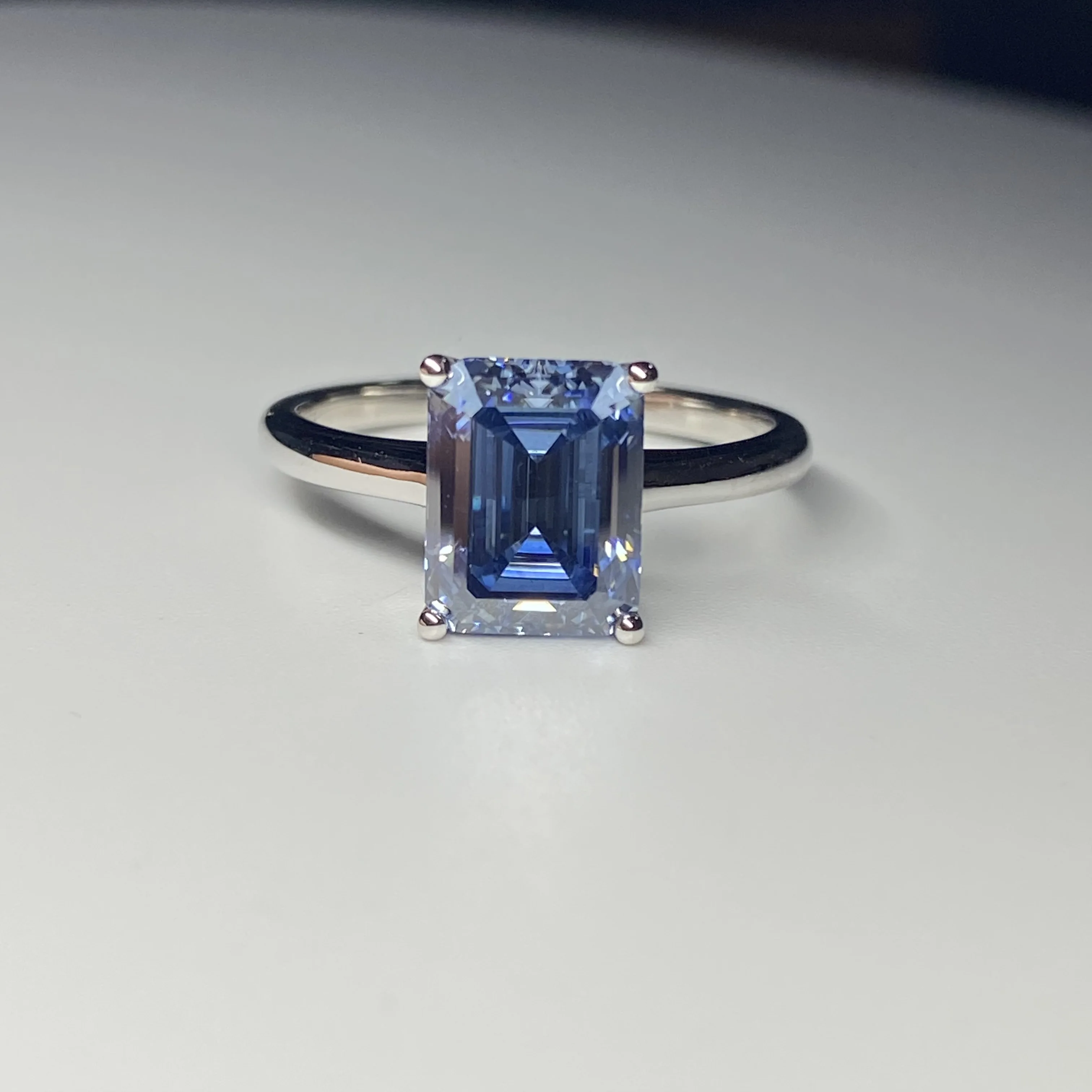 Solid 14K White Gold Ring 7x9mm 3 Carat Blue Emerald Cut Moissanite Diamond Women Jewelry