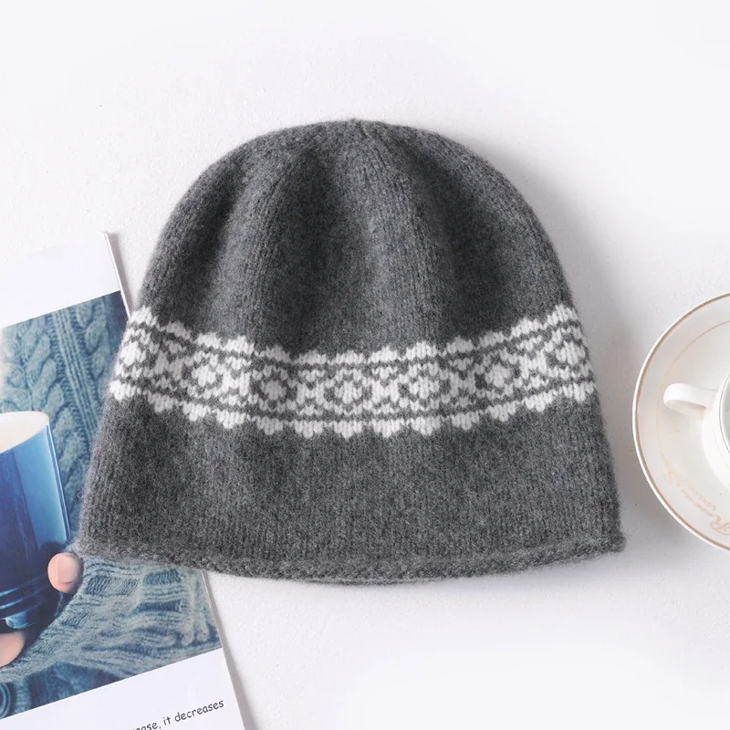 Women 100% Pure Wool Beanie Hat Vintage Nordic Jacquard Knitted Cap Soft Warm Winter Solid Color Retro Pattern Daily Headwear