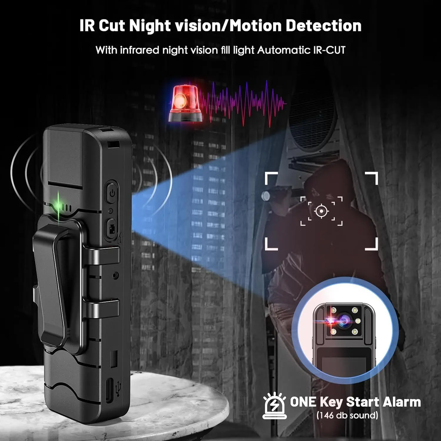 كاميرا يمكن حملها بالجسم سعة 128 جيجابايت مع تسجيل الصوت والفيديو HD 1080P BodyCam بطارية 6HR IR Cut كاميرا فيديو للرؤية الليلية تلقائية يتم ارتداؤها على الجسم