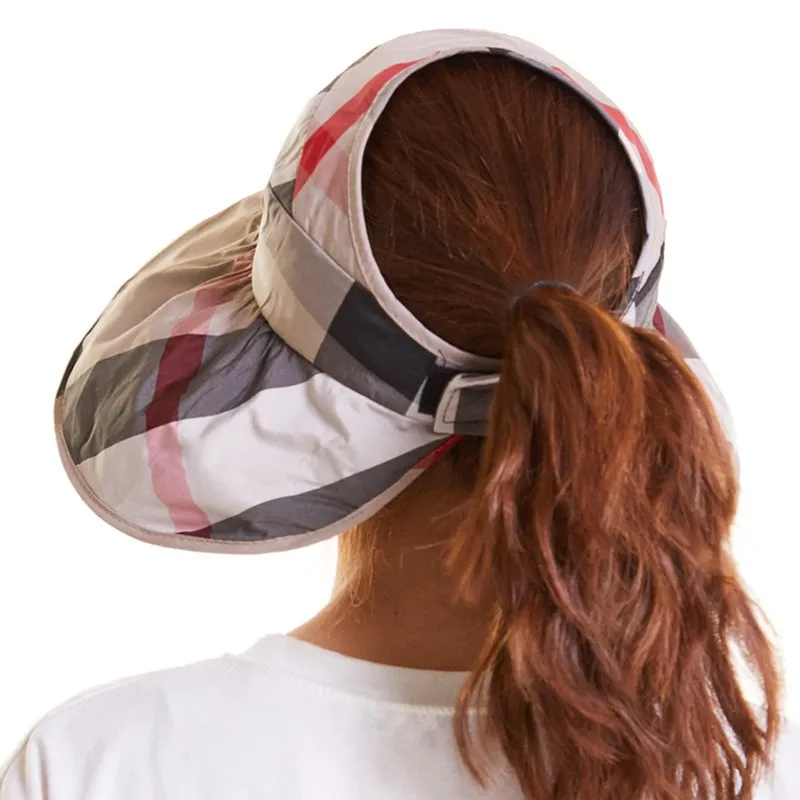 Sombrero de cubo plegable a cuadros para mujer, visera de protección solar para vacaciones en la playa, gorra clásica de ala grande, sombreros de