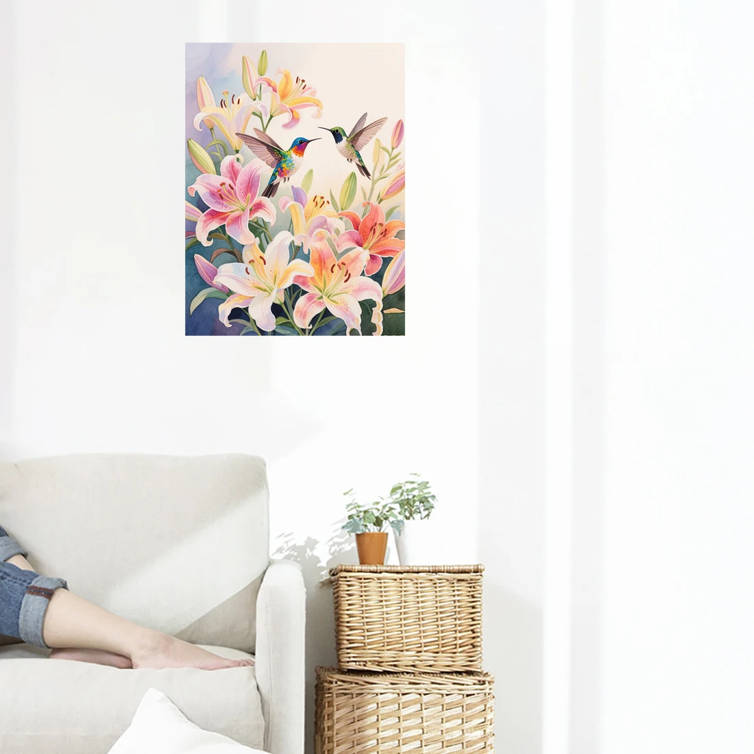 Three Ratels QHH117 Beautiful colorful lilies and hummingbirds wall stickers for home decoration