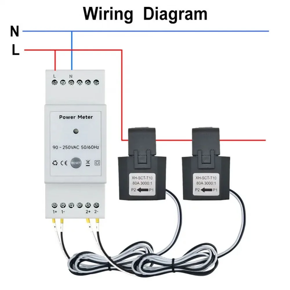 Compteur d'énergie bidirectionnel WiFi intelligent, 2 voies, pince 80A, rail DIN, contrôle d'application, moniteur, énergie solaire, statistique de l'électricité