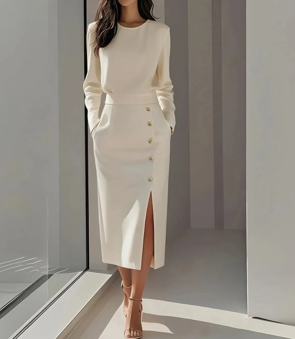 Solid Color Long Sleeves Pocket Button Decorated Slit Midi Dress