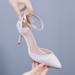 Crystal Queen Women's White Lace High Heels Sweet Wild Single Sandals Banquet Wedding Shoes Bridal Pointed Pumps