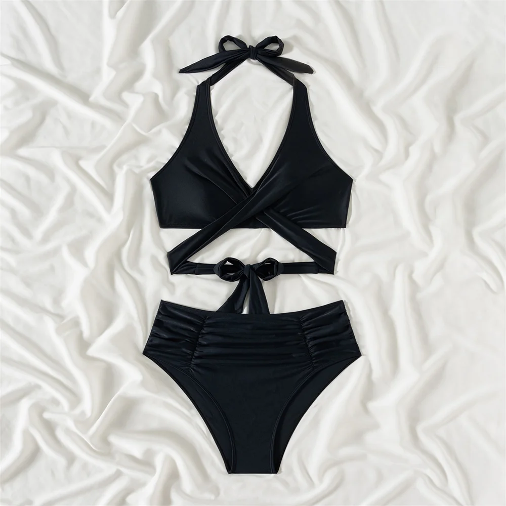 

Cross Bandage Backless Bikini Halter Black Swimsuit Push Up High Waist Pleated Swimwear Push Up Bikinis Women Beach Bathing Suit