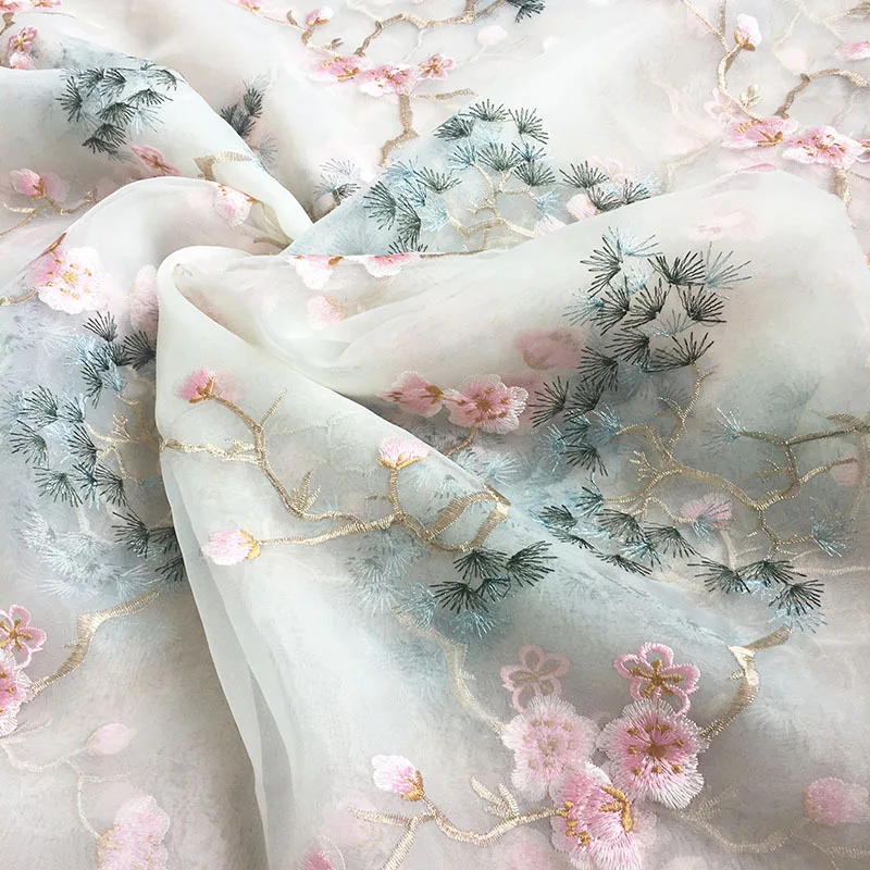 High Quality Organza Fabric Peach Blossom Pine Branch Embroidery Sewing women\'s Material Shirt Skirt children\'s Clothing Fabric