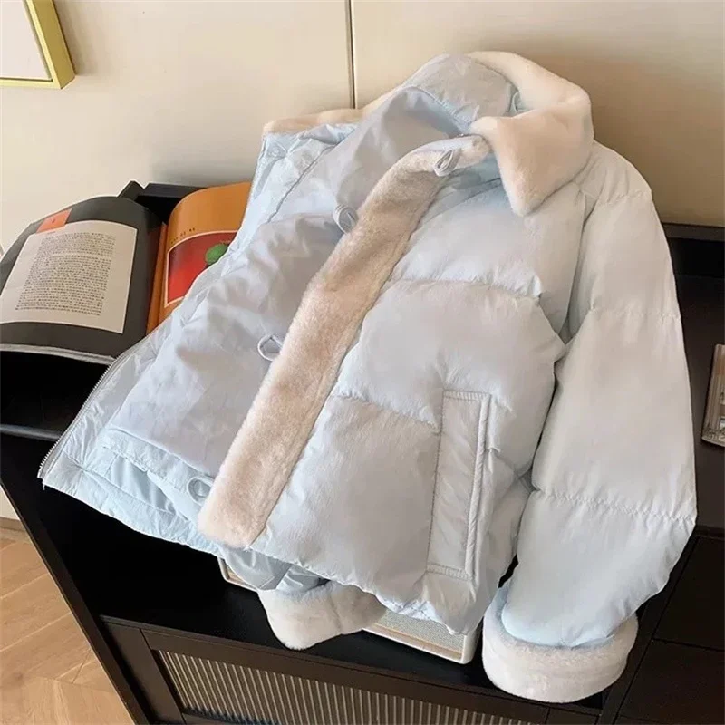 

Новая модная хлопковая куртка на пуху с ягненком для женщин, зимнее короткое синее хлопковое пальто, парки, ветрозащитное и теплое студенческое пальто