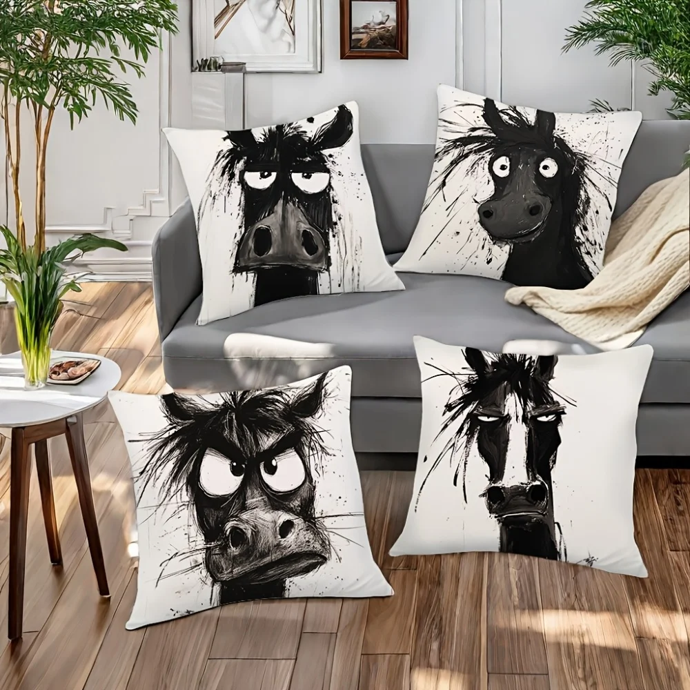 4PCSBlack and white angry donkey pillow cover 45X45cm high elasticity skin friendly niche personality bedroom headboard matching