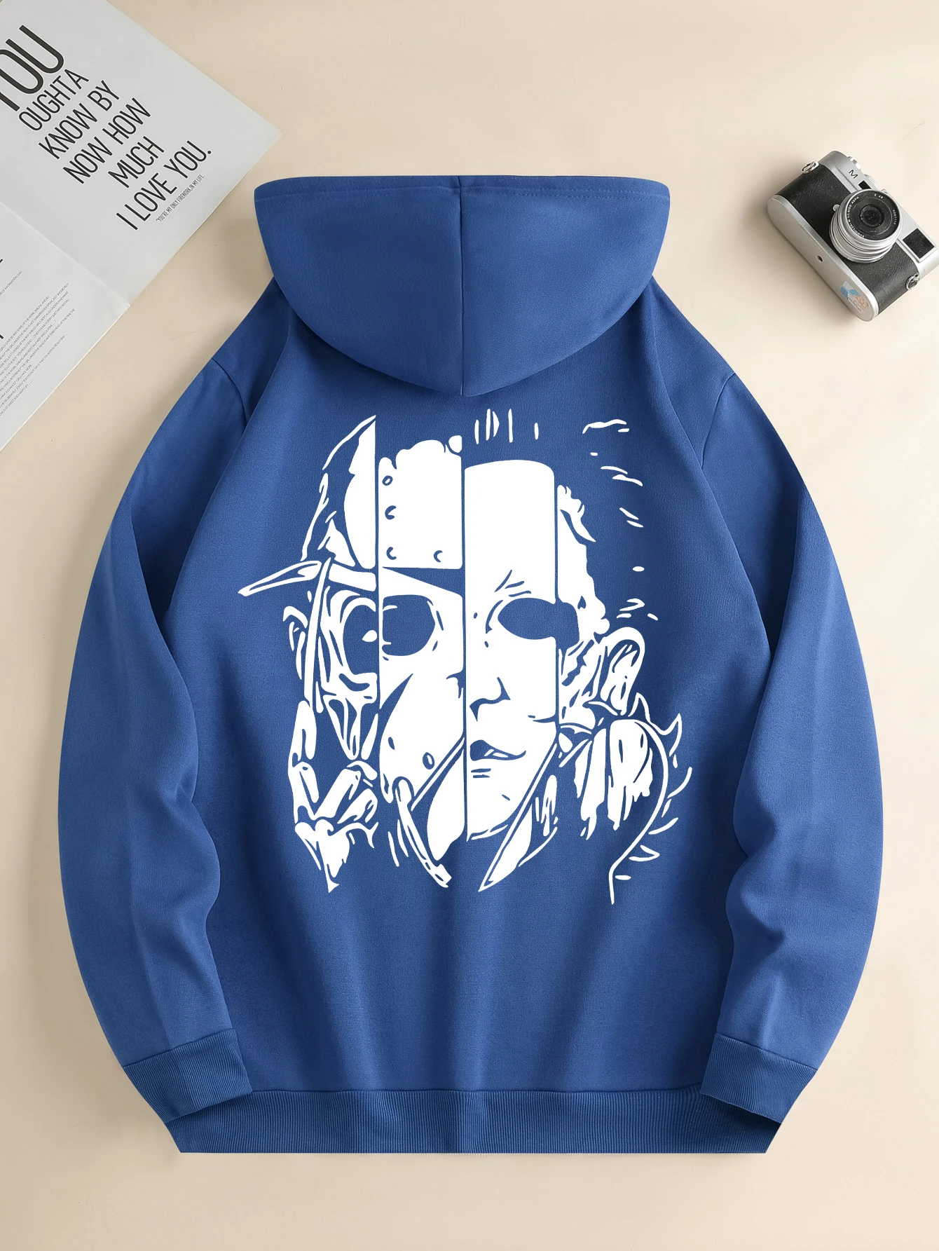 Men's new fashion hoodie, casual daily drawstring hooded sweatshirt face print, front kangaroo pocket, men's jacket