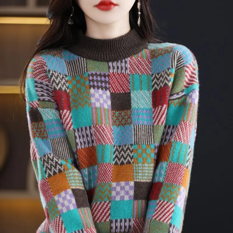 

Korean Fashion Autumn Winter Sweaters Women's Mock Neck Plaid Contrast Color Thicken Long Sleeve Loose Pullovers Knitted Tops