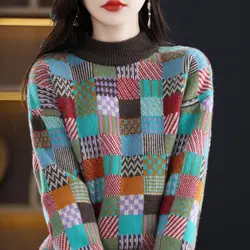 Korean Fashion Autumn Winter Sweaters Women's Mock Neck Plaid Contrast Color Thicken Long Sleeve Loose Pullovers Knitted Tops
