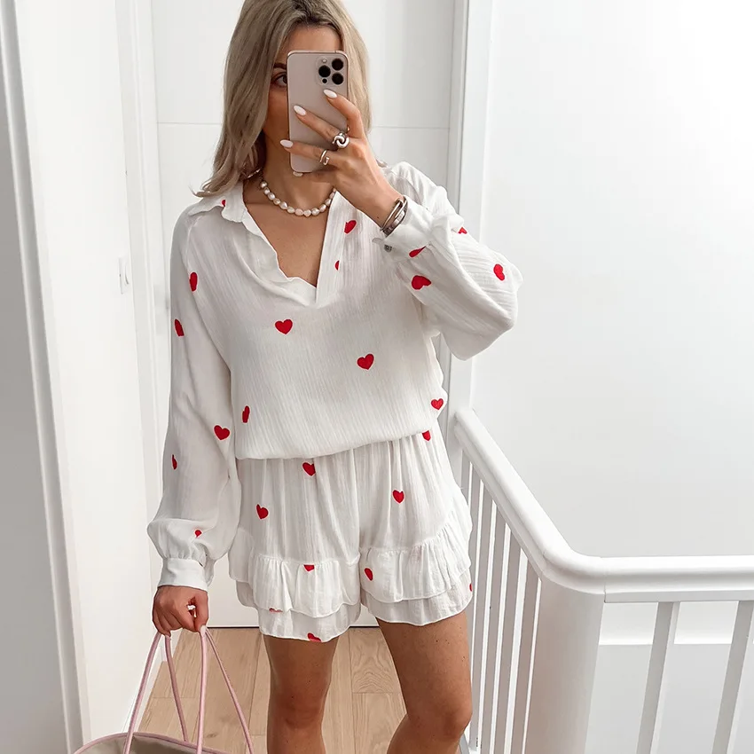 Summer Cotton Heart Print Sleepwear Suits Casual Wide Leg Shorts With Turn Down Collar Shirts 2 Piece Set 2026 Pajamas Woman