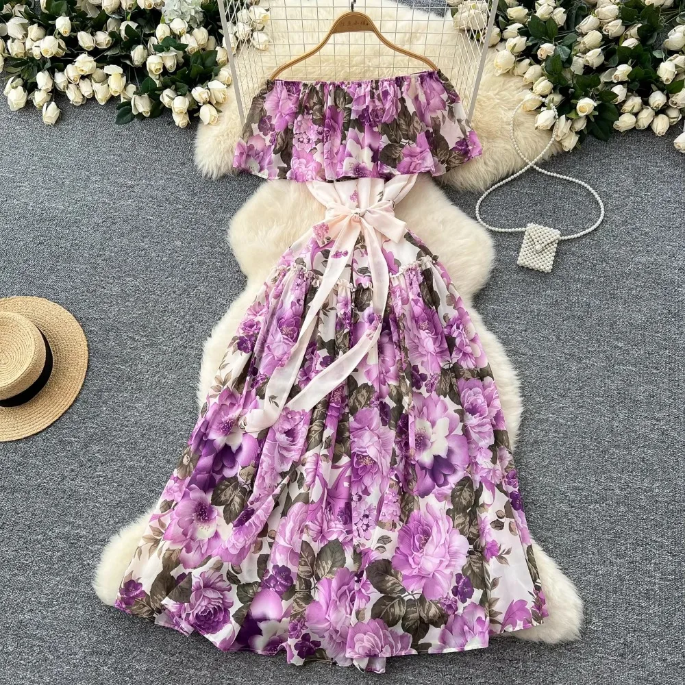 Elegant Ruffle Print Slash Neck Lace-up Vintage Cape Sleeves Chic Chiffon Slim Dresses Fashion Spring Women High Street Clothing