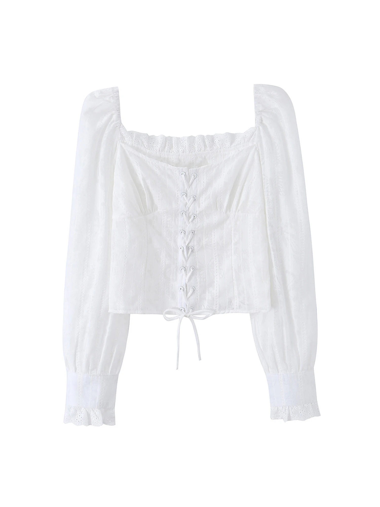 

Women's White Blouses and Shirts Lace Patchwork Blouse Lace-Up Square Neck Long Sleeve Luxury Cropped Shirt Summer Spring 2026