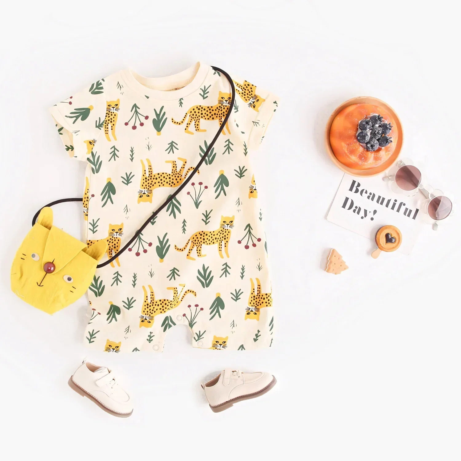 

Summer Baby Short - Sleeve Pure Cotton Romper - Cartoon Leopard Pattern Print Korean & Ins Style Infant Onesie