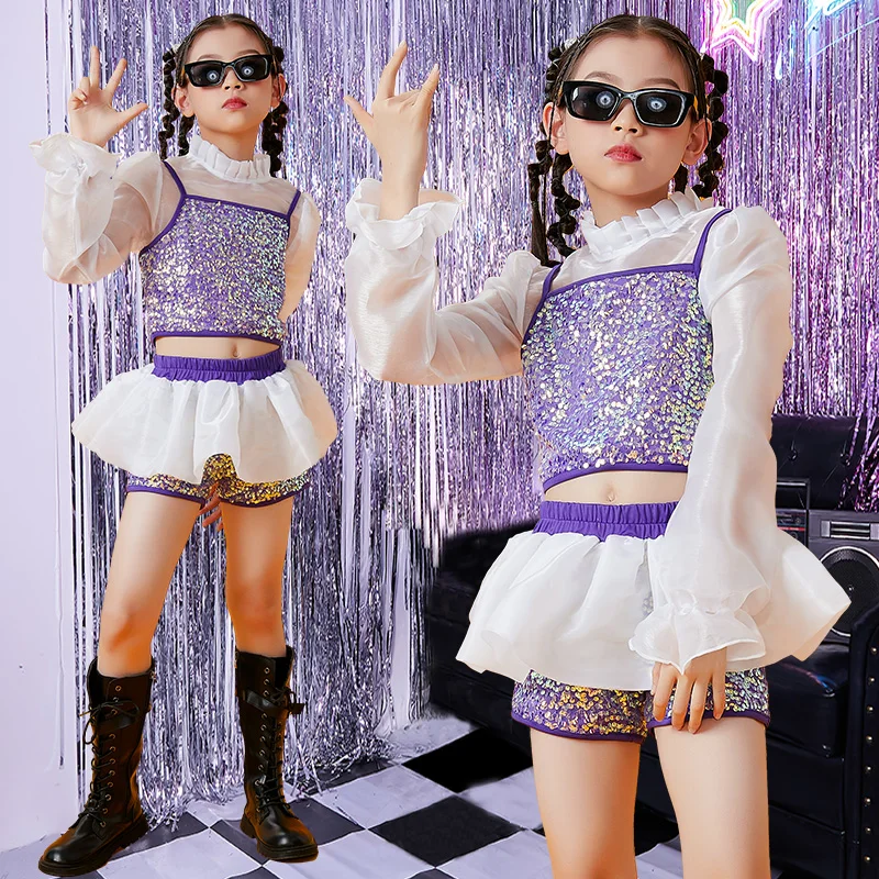 

Girls Jazz Dance Sets Children Clothes Fashion K-pop Stage Outfits 2 Pcs Sequin Purple Costume Street Dance Catwalk Performance