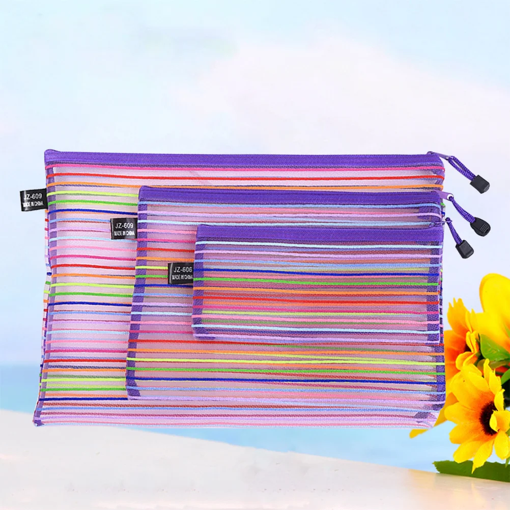 

3Pcs Colorful Nylon Mesh Zipper File Pouch Document Organizer Lightweight Portable Storage for Office School