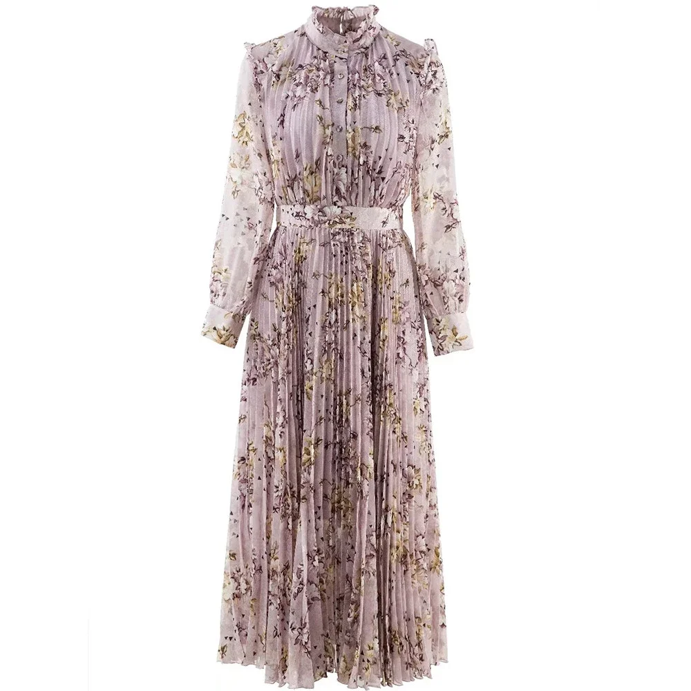 

New Fashion Designer Spring Women Half High Neck Long Sleeves Printing Elegant Violets Ankle-Length Dress