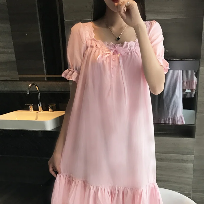 Brand Sleep Lounge Women Sleepwear Cotton Short Sleeve Vintage Nightgowns Sexy Dress White Nighty Nightdress Princess Clothing