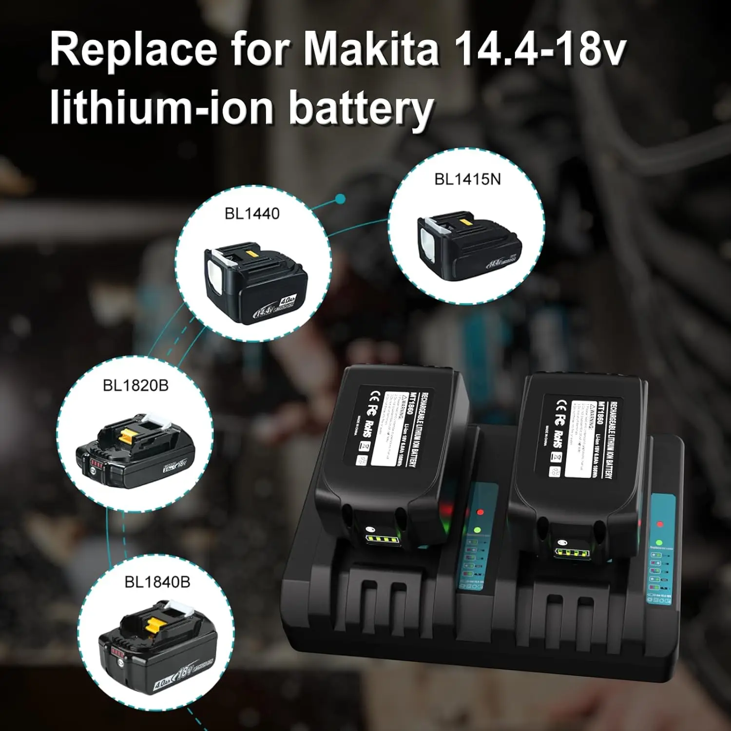 DC18RD 18V Dual Port Charger for Makita 14.4V 18V Lithium-Ion Battery BL1815 BL1820 BL1830 BL1850 BL1860 BL1840 BL1430 BL1415 - view 2
