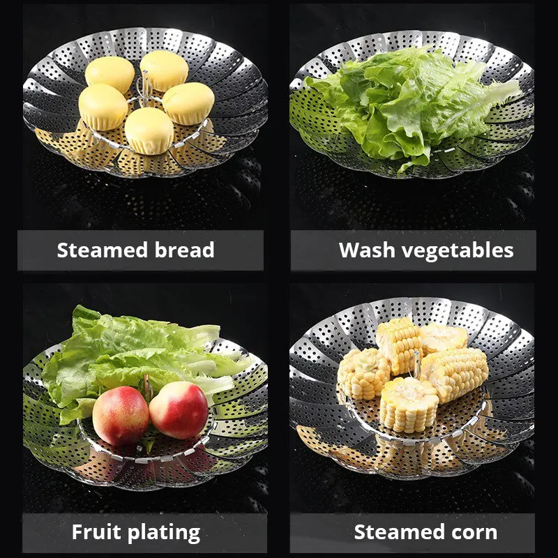 Multifunctional Stainless Steel Steamer Plate Silver Retractable Folding Steaming Food Steamer Vegetable Fruit Basket