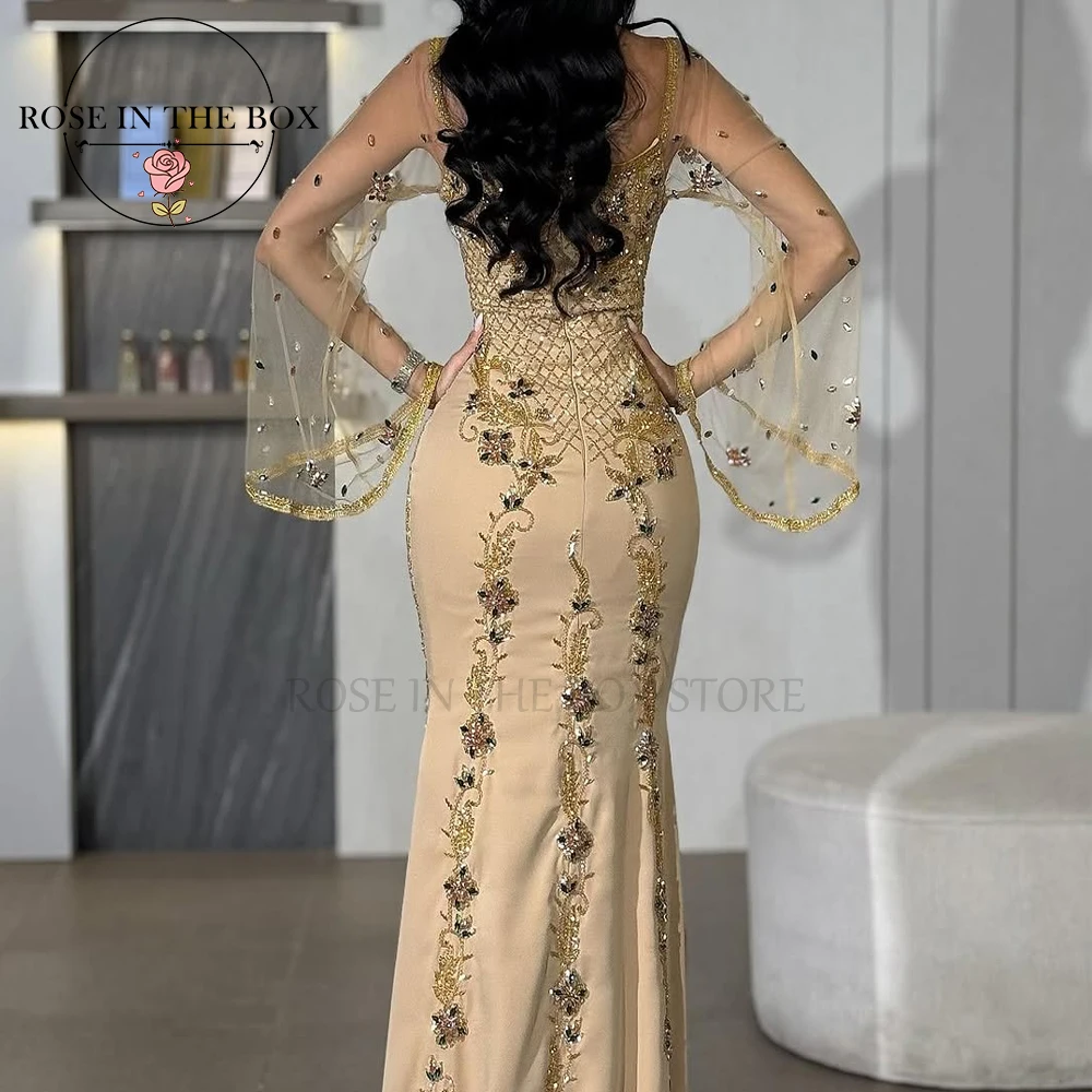 ROSEINTHEBOX Abiti da sera a sirena opulosi personalizzati ricamati in oro Maniche a campana Abito da festa formale di lusso in cristallo