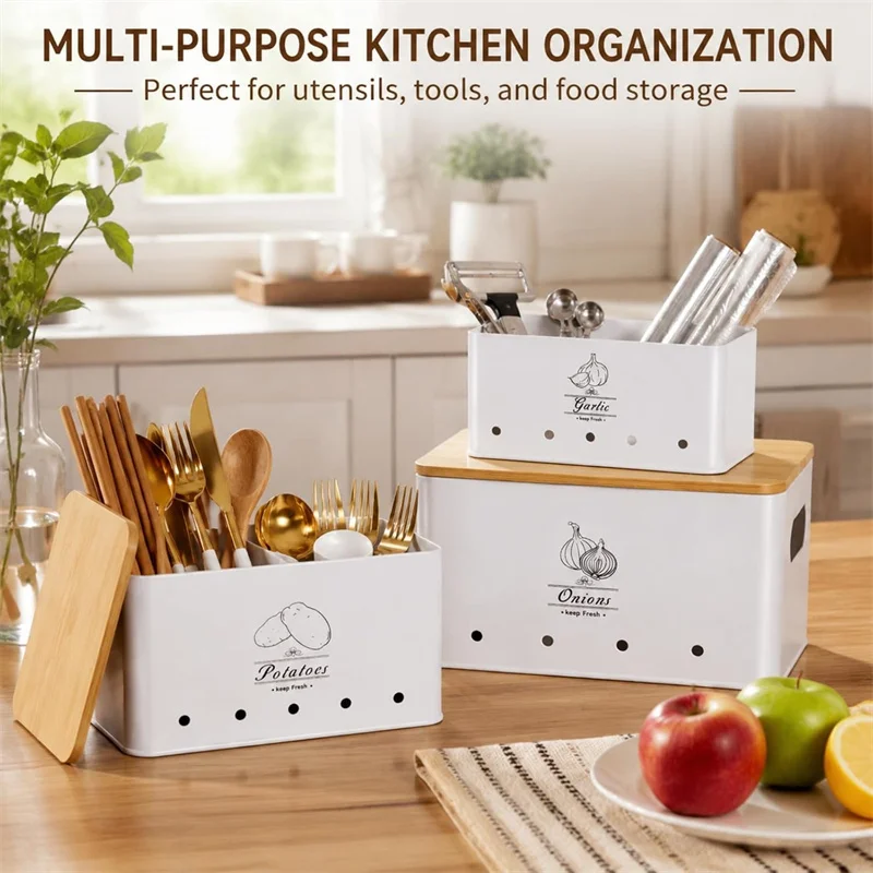 3 Pack Metal Vegetable Storage Onion Garlic Potato Storage Set Kitchen Canisters Vegetable Keeper Containers with Aerating Holes