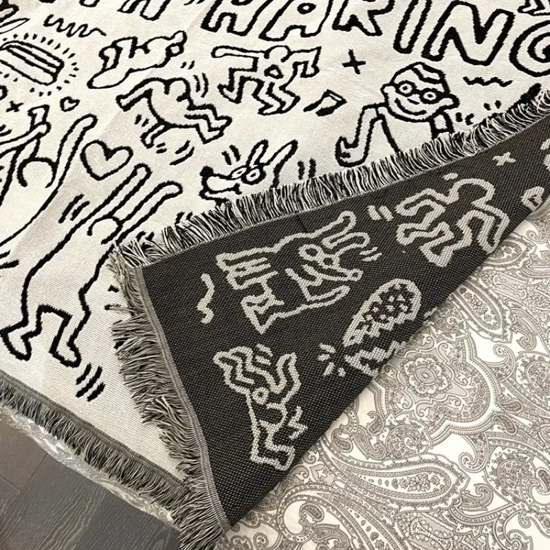 Black White Graffiti Blankets for Bed Cartoon Cotton Throw Blankets Creative Interesting Double-sided Outdoor Camping Picnic Mat