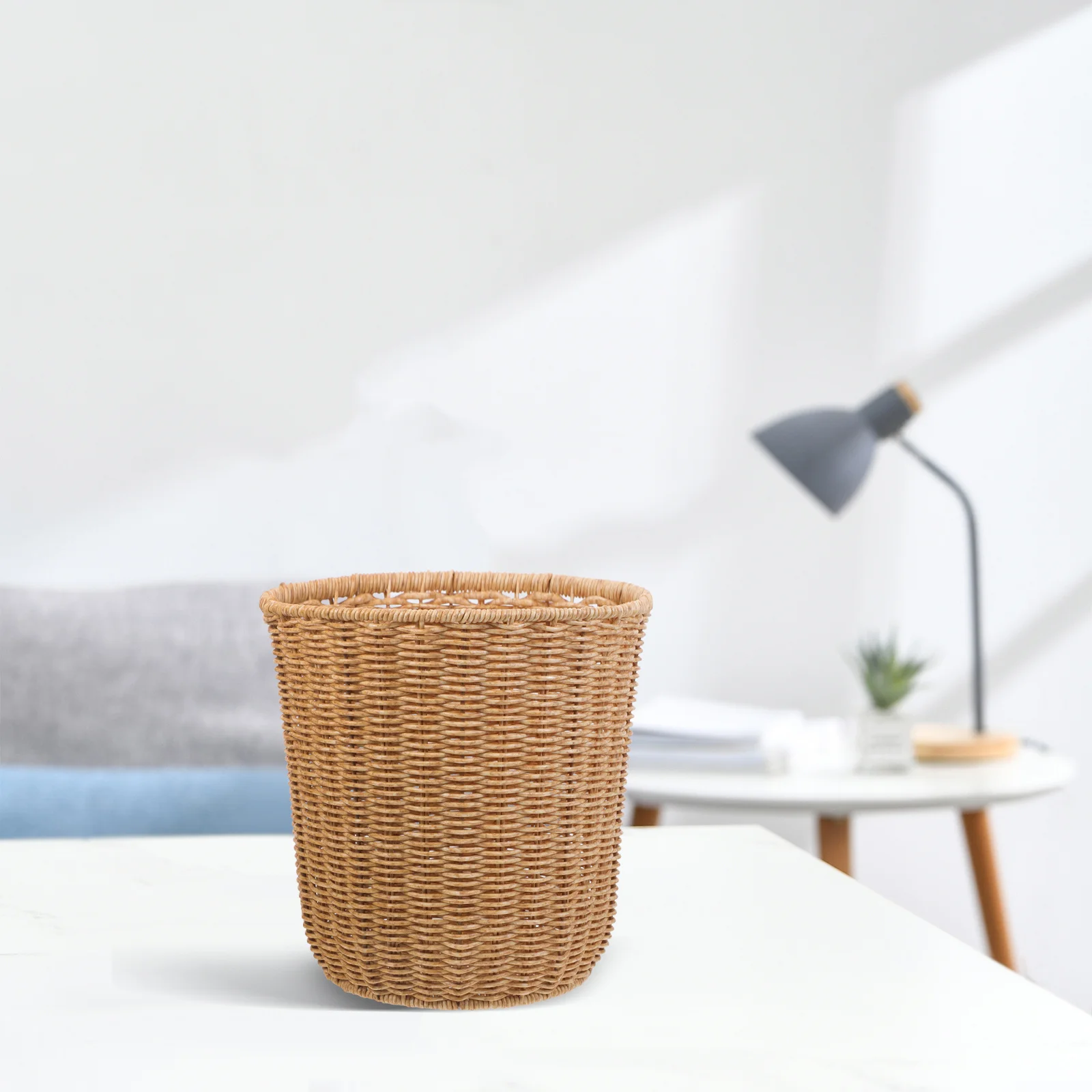 

Imitation Rattan Woven Basket Lightweight Practical Storage Container for Bathroom Bedroom Sundries Woven Waste Basket