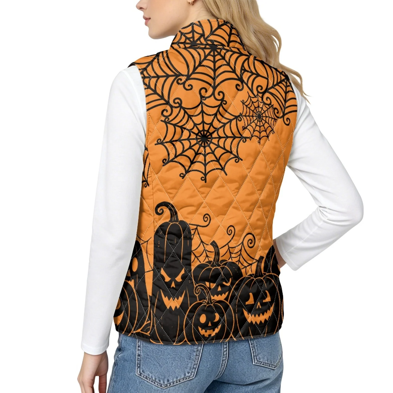 PENSTROLL Pumpkin Cobweb Womens Quilted Vest Jacket Thin Padded Gilet Women Warm Womens Quilted Sleeveless Vest for Winter Fall