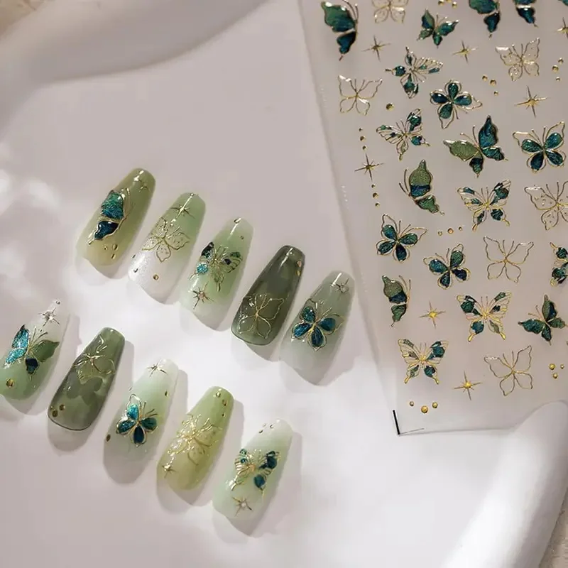 1pc 5D Glossy Embossed Jelly Butterfly Nail Sticker Pastel Blue & Green Cartoon Theme Nail Art Decals Crystal Butterfly Manicure