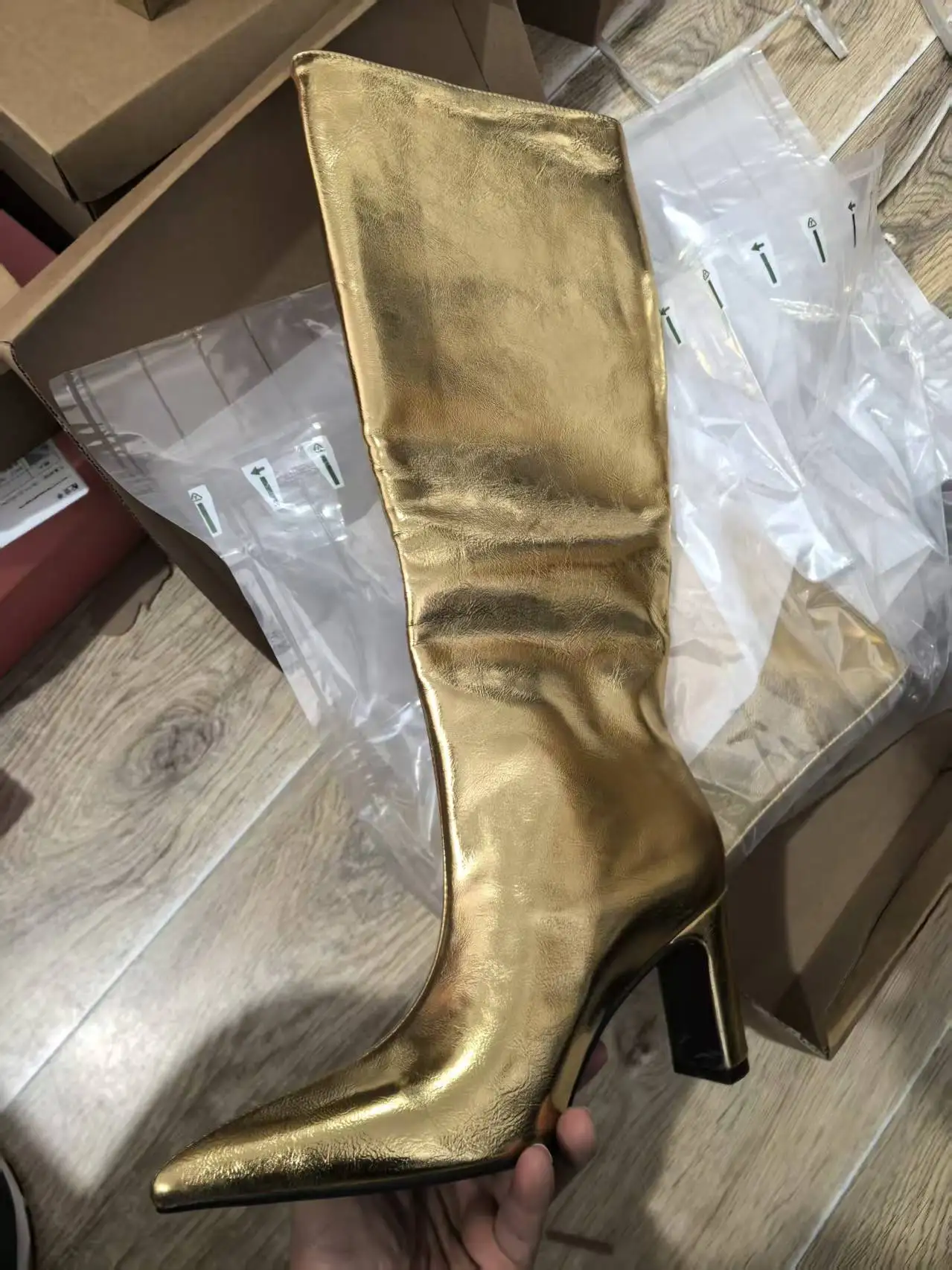 2026 Gold Pointed Head 9cm High Heel 37cm Knee Length Boots Silver 15cm Short Boots Large Size Fashion Sexy Women's Shoes 34-44