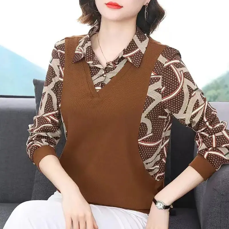 Frühling Herbst gefälschte zweiteilige Bluse Vintage Langarm bedruckte Damen bekleidung pendeln Revers Knopf stilvolle Patchwork-Shirt