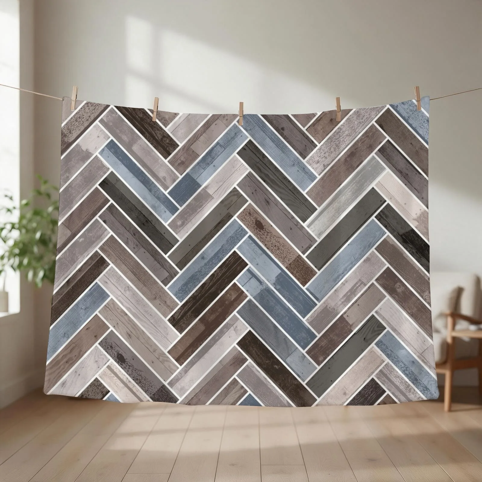 Herringbone Pattern in Blue Brown Grey Throw Blanket couch cozy soft plush fuzzy picnic outdoor blanket