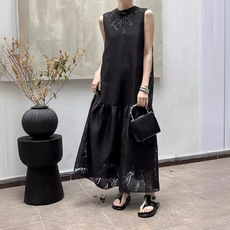 French Loose O Neck Ribbon Jacquard Long Dress Women Fashion Sweet Dinner Wedding Romantic Two-piece Sleeveless Dress Summer