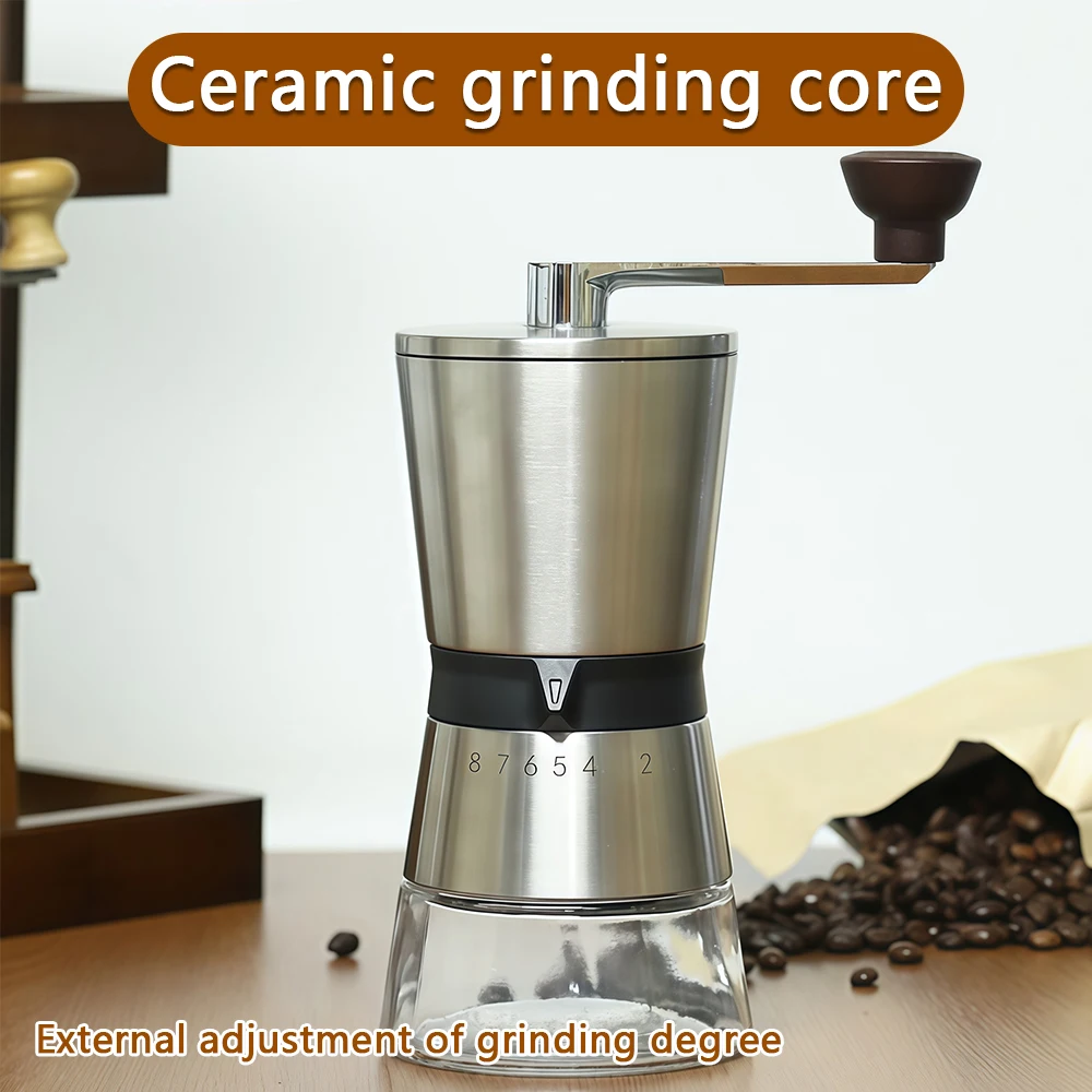 Handgekurbelte Kaffeemühle, transparentes Pulverfach mit großer Kapazität für den Haushalt, Kaffeemühle mit einstellbarer Dicke,