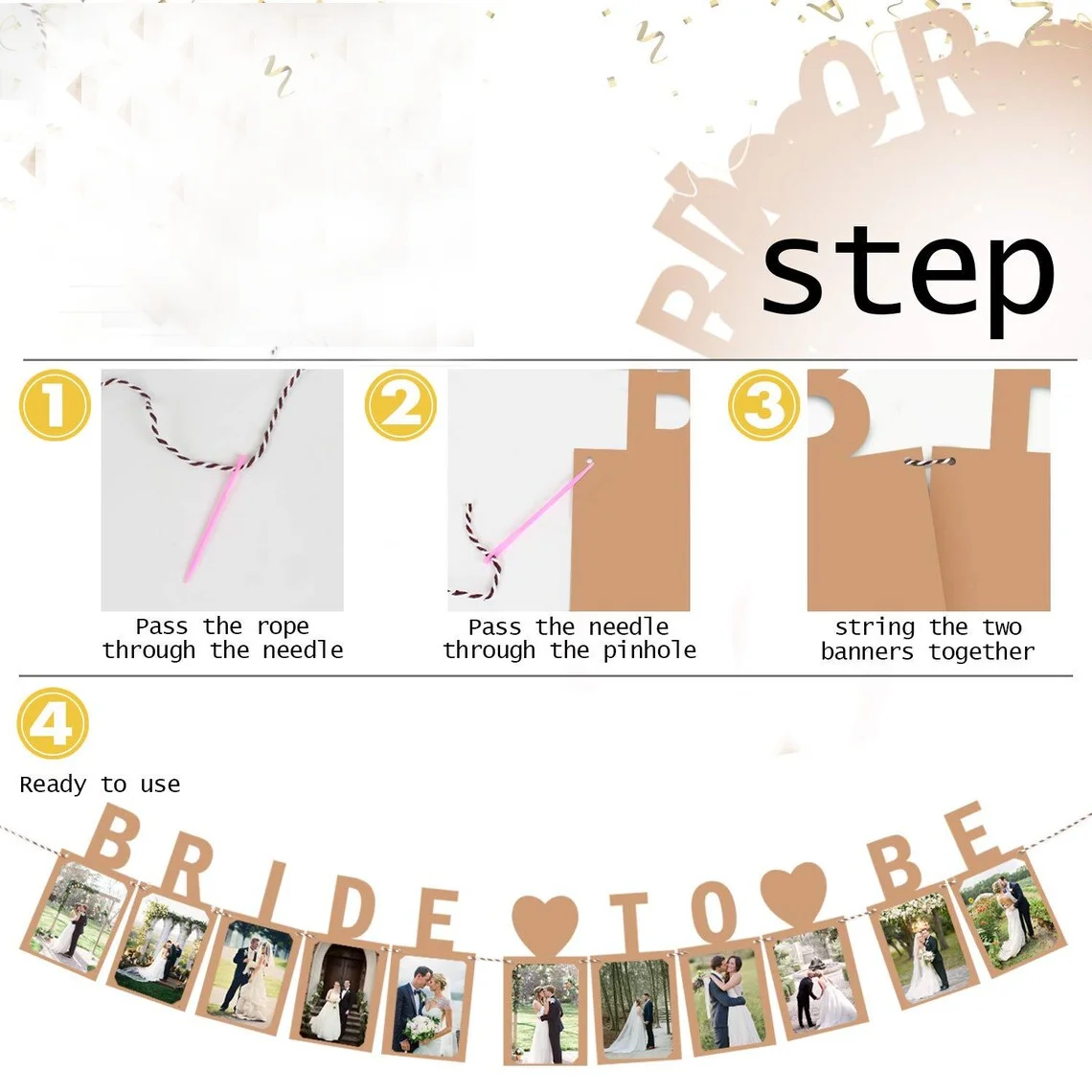 1 Packung Papier-Banner „Bride To Be“ für Junggesellinnenabschied, Partygirlande, DIY Brautparty-Wimpelkette, Hochzeitsdekorationszubehör – Detail 2