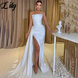 Lily White Chic Woman Evening Dress Gown Mermaid Sexy Split Strapless Beaded Night Dress Gown with Pleats Satin robes de soirée