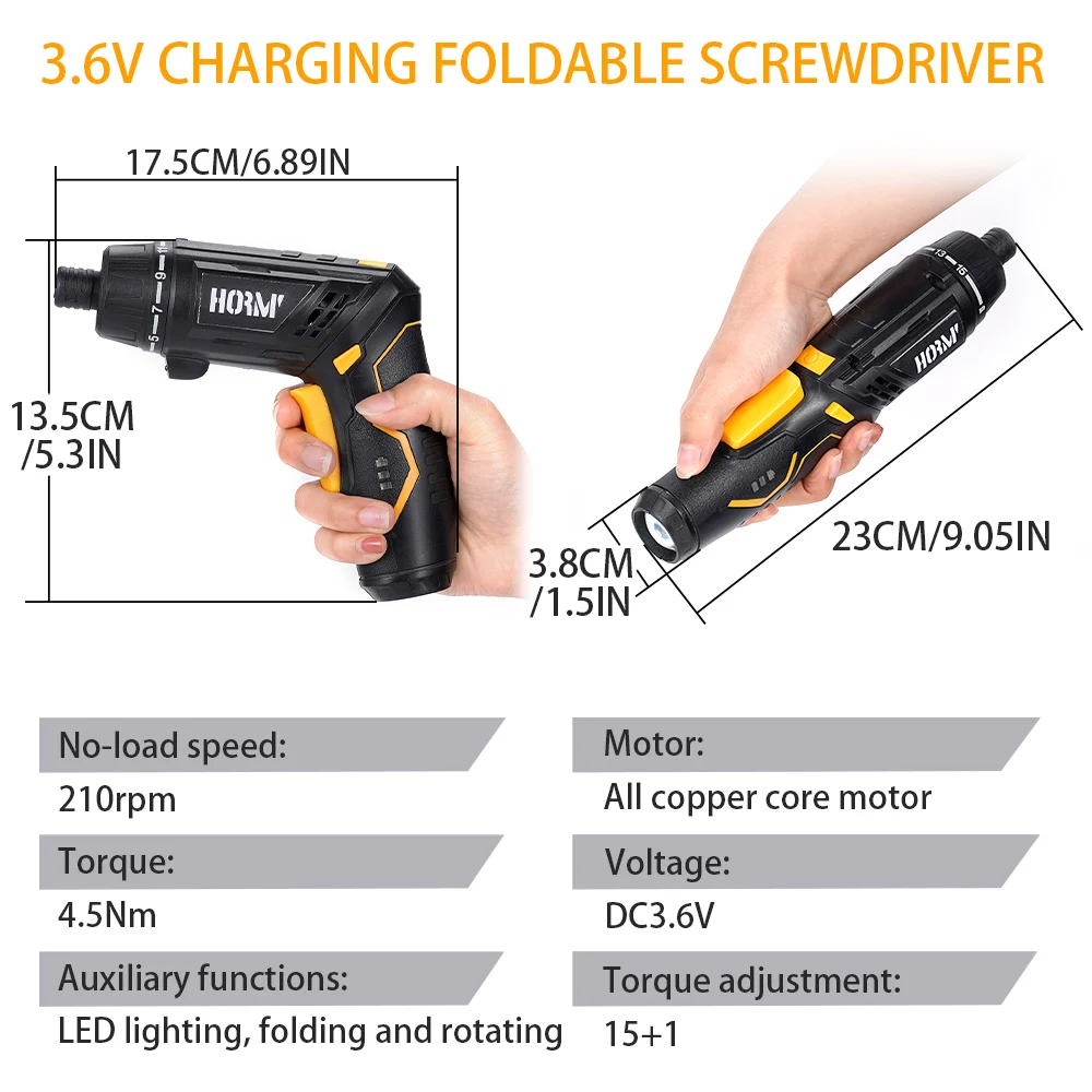 Hormy 3.6v Cordless Screwdriver DIY Repair Mini Multifunction Flashlight Power Tools Set 2.0Ah Battery Household Electric Drill