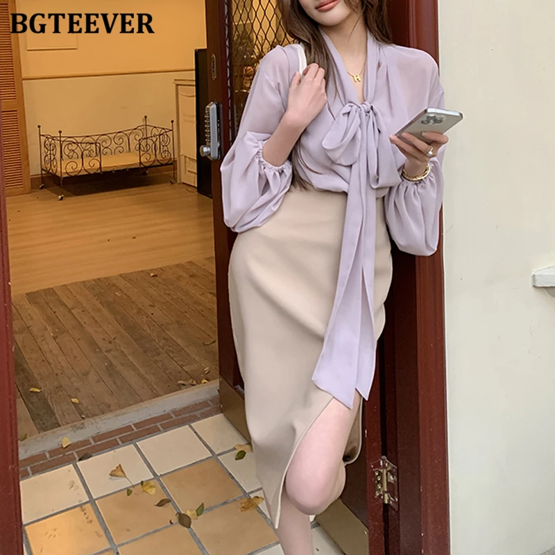BGTEEVER Spring Summer Elegant Women 2 Pieces Set Long Sleeve Lace-up Chiffon Blouses Shirts & High Waist Package Hip Skirts