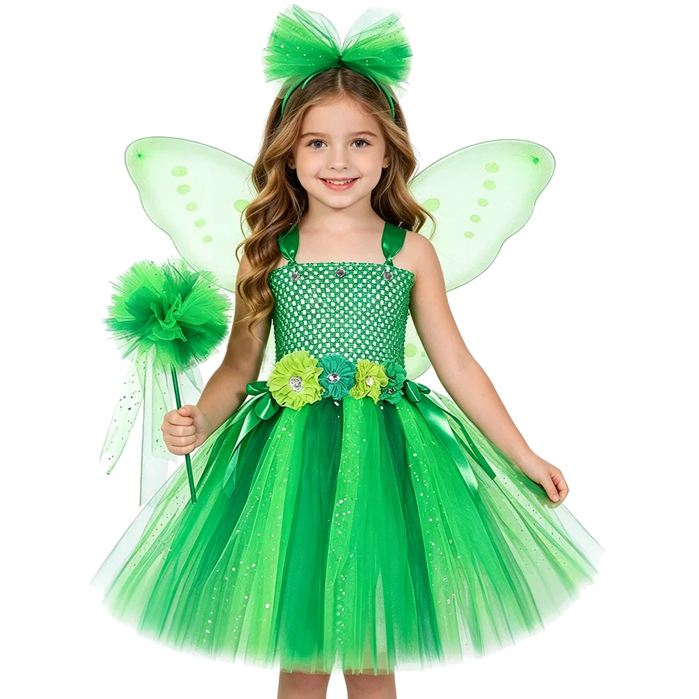 

Sparkly Green Fairy Princess Costumes Girls Jungle Butterfy Fairy Tutu Dress Outfit with Wings Kids Halloween Carnival Clothes