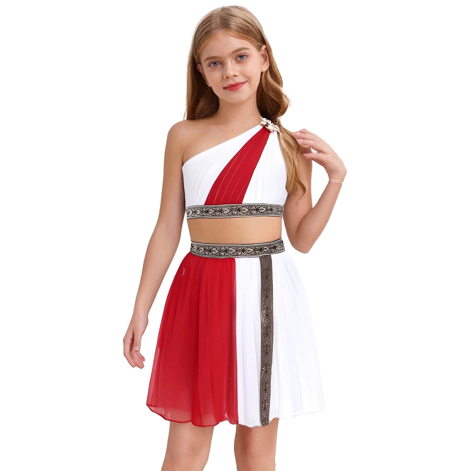 

Roman Greek Princess Role Play Costume Flower Crop Top with Embroidered Pleated Skirt for Themed Party Halloween