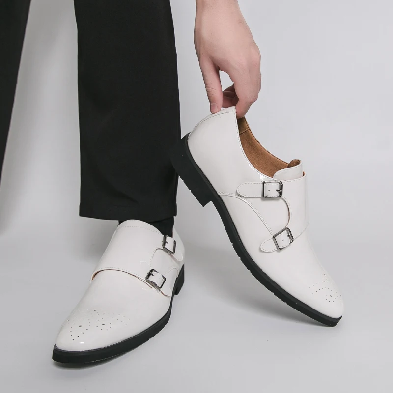 

Dress Shoes Double Button Low Heel White Loafers Handmade Paty Leather Wedding Shoes Men Leather Formal Business Pointed Shoes