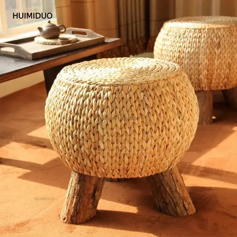 Handmade Rustic Round Footstool Household Multi functional Wooden 3 Leg Portable Wicker Ottoman Footrest Comfortable Gift Rattan