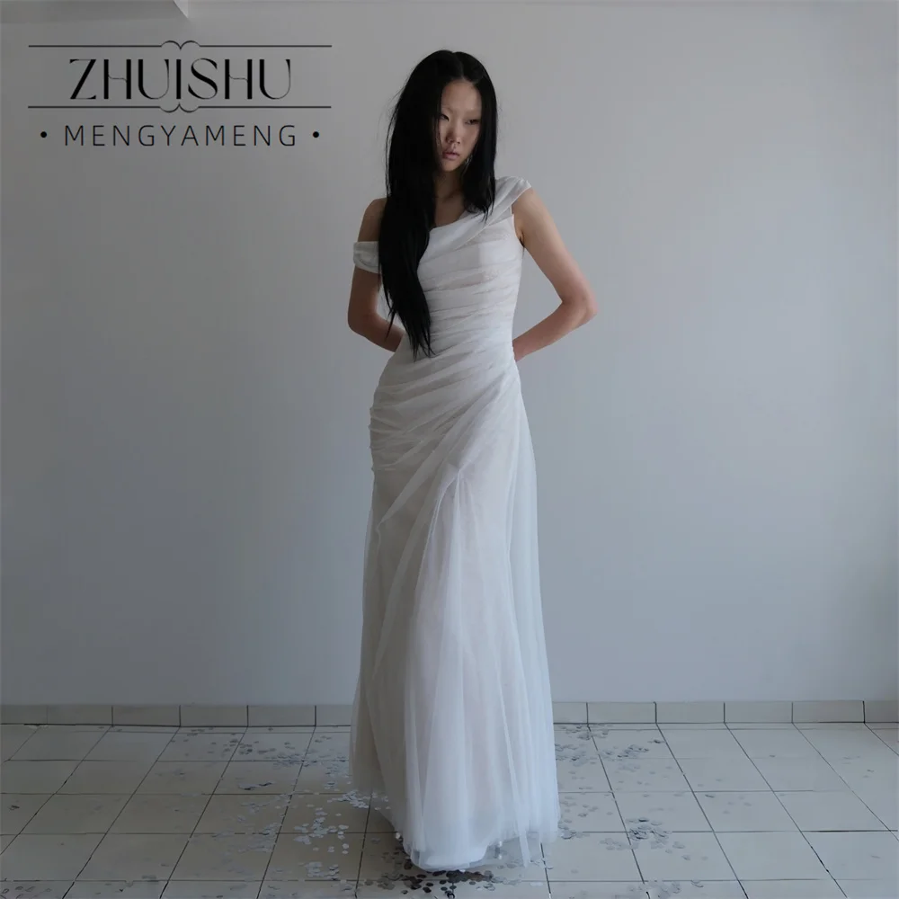 Customized Simple A-Line Korean Wedding Dresses Photoshoot Court Sweep Wide Strap Floor Length Bridal Reception Gowns