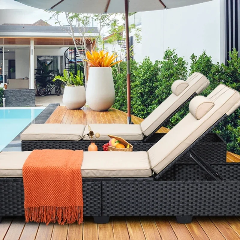 

Set of 2 Adjustable Backrest Outdoor Wicker Chaise Lounge Chairs for Pool Sunbathing, Black Rattan Reclining Patio Chairs
