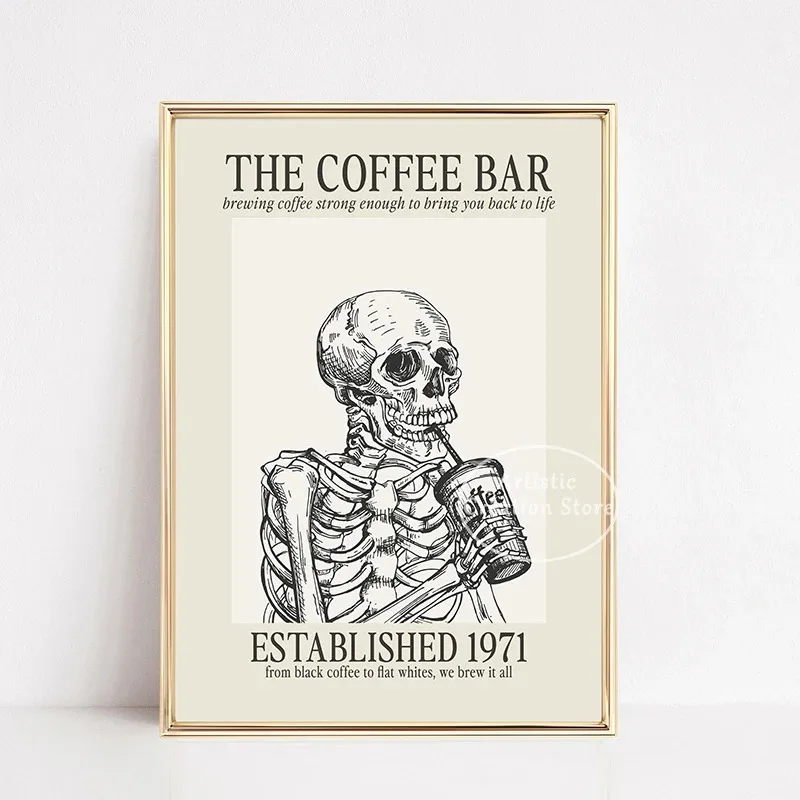 Coffee Bar Gallery Wall Canvas Painting Print Wall Skeleton Drink Coffee 1971 Poster Wall Picture Nordic Coffee Shop Room Decor