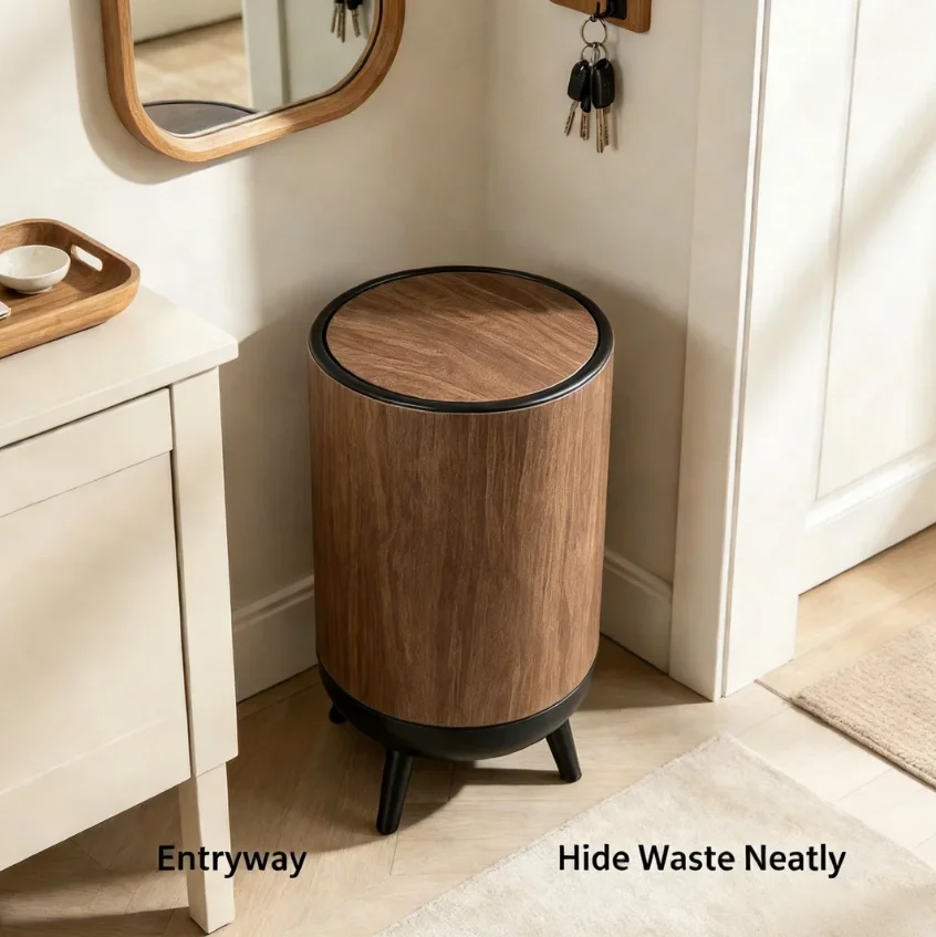 Round Flip‑Lid Trash Can, Wood‑Grain Print Plastic Garbage Bin with Elevated Plastic Legs, Odor‑Proof Lidded Waste Basket for Bathroom Kitchen Living Room Apartment